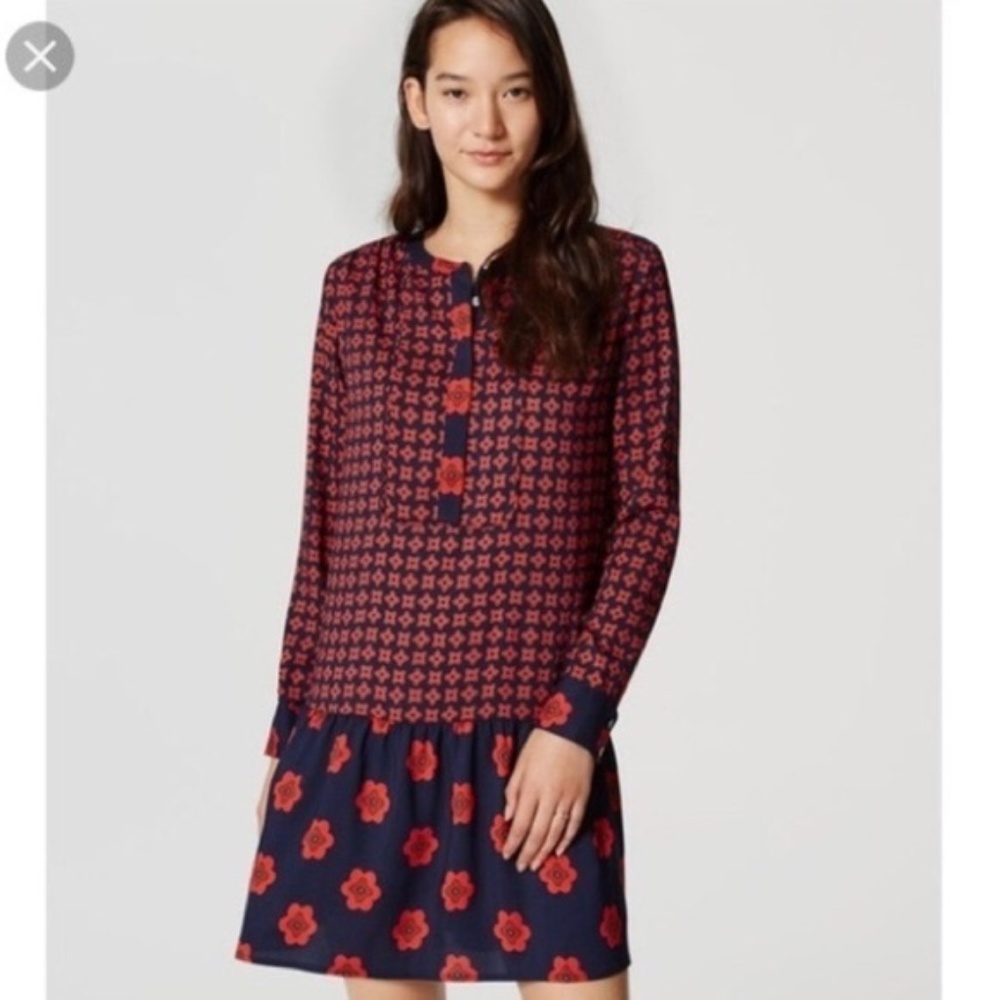 LOFT Navy Floral Dropwaist Flounce Dress